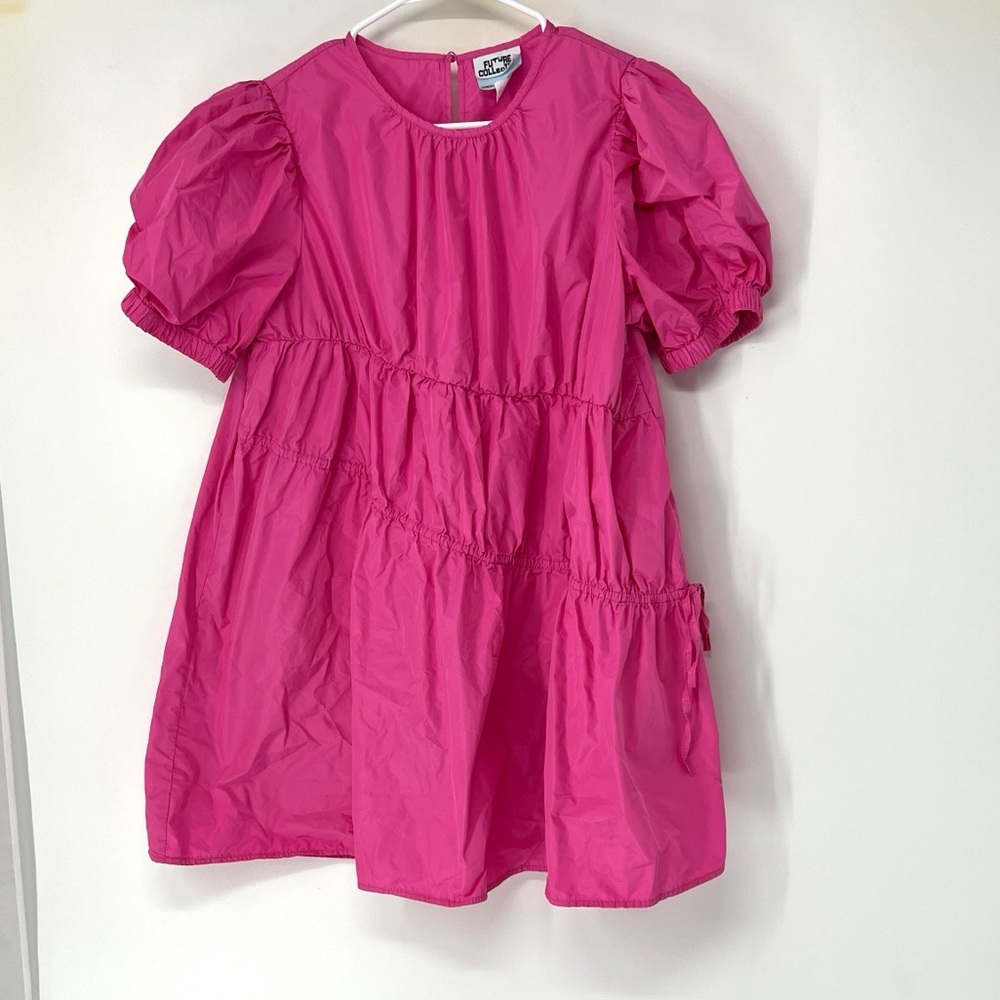 Bright Pink Puff-Sleeve Tiered Mini Dress